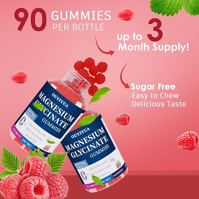 Magnesium Glycinate 400mg Gummies, Sugar Free Magnesium Gummies with Vitamins D, B6 for Sleep Support, Stress and Muscle Relief for Men and Women (2 Pack)