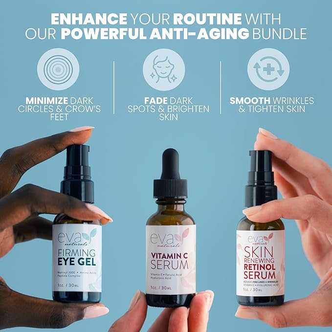 Eva Naturals Facelift in a Bottle Serum Set – Vitamin C, Retinol & Eye Gel for Face & Eyelid – Firming Wrinkle Moisturizer Kit – Dark Circle, Eye Bag & Neck Care – Anti Wrinkle Skin Care for Women