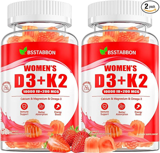 Organic Women’s D3 K2 Vitamin Gummies: D3 10000 IU Chewable Vegan Multivitamins Supplement with B12 B6 B9 Plus Magnesium Omega Zinc Calcium - for Immune Energy Skin Support (120Count)