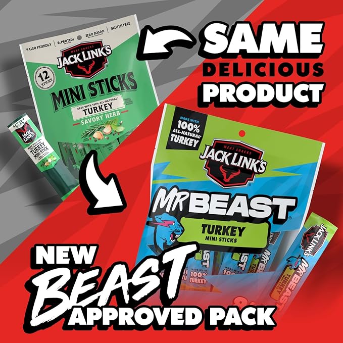 Jack Link’s x MrBeast Turkey Mini Sticks – 8g Protein per Serving, Individually Wrapped Meat Sticks, Made with 100% All Natural Turkey, Zero Sugar, Pantry-Ready, Kids Snacks, 0.5oz (12 Count)