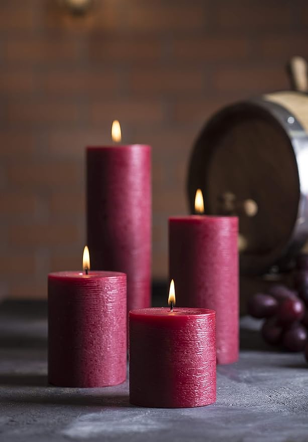 Set of 3 Pillar Candles 3" x 4" Unscented Handpoured Weddings, Home Decoration, Restaurants, Spa, Church Smokeless Cotton Wick - Burgundy