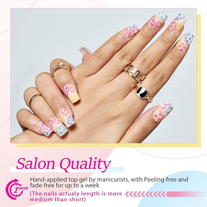 GLAMERMAID Matte Floral Press on Nails Medium Square, Y2K Pink Dull Polish Gel False Nals with Flower Design, Natural Glue on Nails Kit for Women, Neutral Reusable Stick on Acrylic Fake Nails Manicure