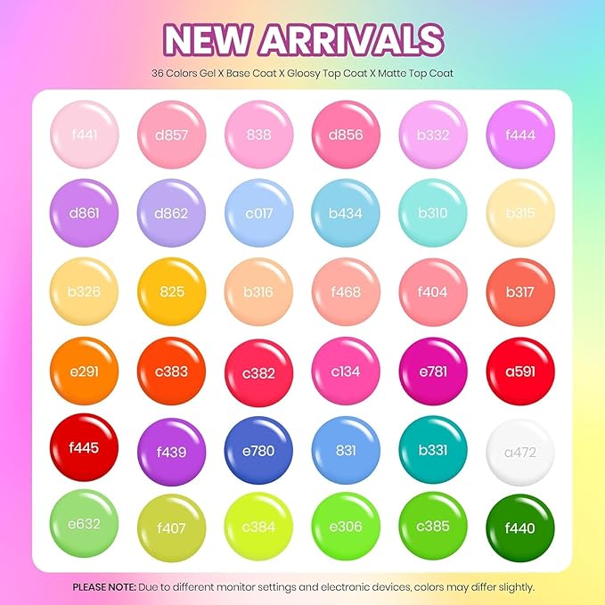 Beetles Gel Nail Polish Set, 36 Colors Neon Rainbow Bright Color Gel Polish Set with Base Coat Glossy Matte & Glitter Top Coat Pink Red Yellow Manicure Vivid Whimsy Gifts for Women