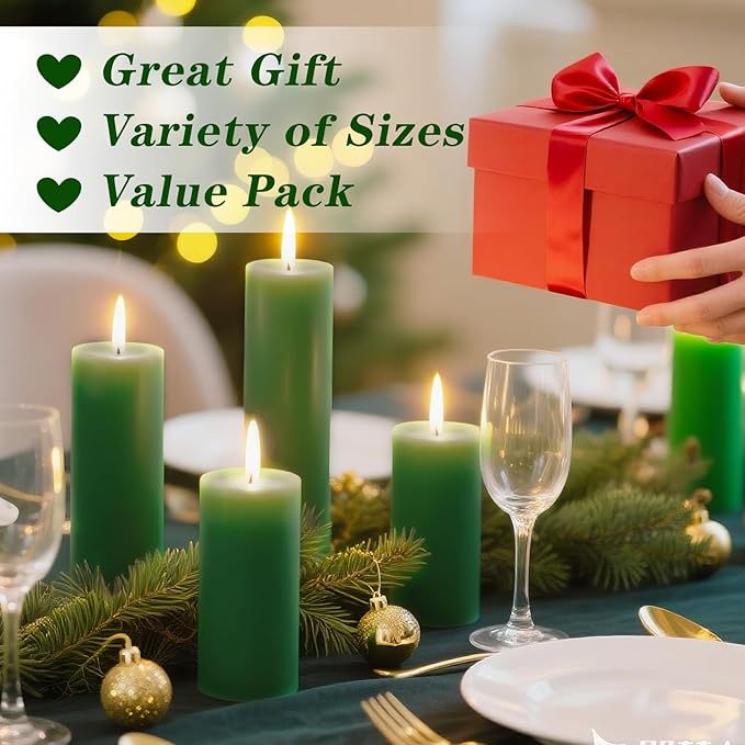 36 Pcs Green Pillar Candles Bulk Set，Hurricane Candles，3 Different Lengths (12 Each)，Dripless Unscented Smokeless，Gives You a Better Atmosphere When Organizing Wedding or Event Party.