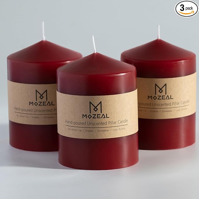 MOZEAL 3" x 4" Hand-Poured Unscented Dark Red Pillar Candles,Dripless Candles Set of 3,Smokeless,Clean Burning,Approx 60 Hours Burn Time,Dinner,Christmas and Home Decor（3 Inch Width Series） Bordeaux