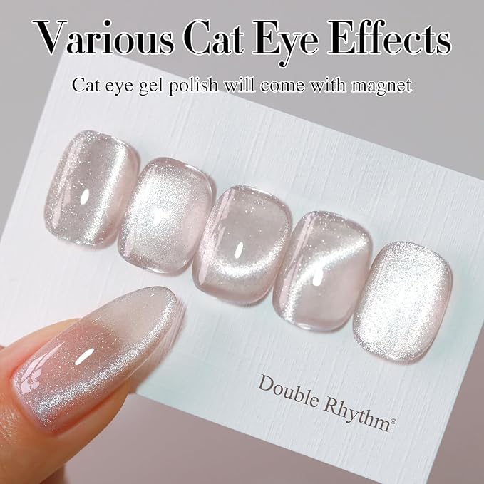 Double Rhythm Cat Eye Gel Polish with Magnet 15ML Holographic Glitter Shimmer Translucent Jelly Color 0.5 OZ Magnetic Gel Polish Salon DIY at Home (Nude-MC1020)