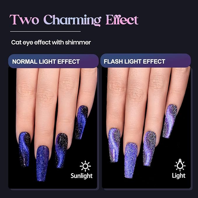 MIZHSE Reflective 9D Cat Eye Gel Nail Polish, Glitter Magnetic Gel Polish Set with 2 Magnet Sticks, Chameleon Magic Effect Holographic Cateye Nail Polish Soak Off Nail Art Gift