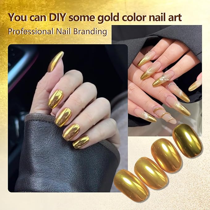 Holographic Mirror Gold Nail Chrome Powder Effect Metallic Dust Sequins UV Gel Gold Chrome Nail Powder Pigment for Nail Art Decoration, Gold Chrome Powder for Nails