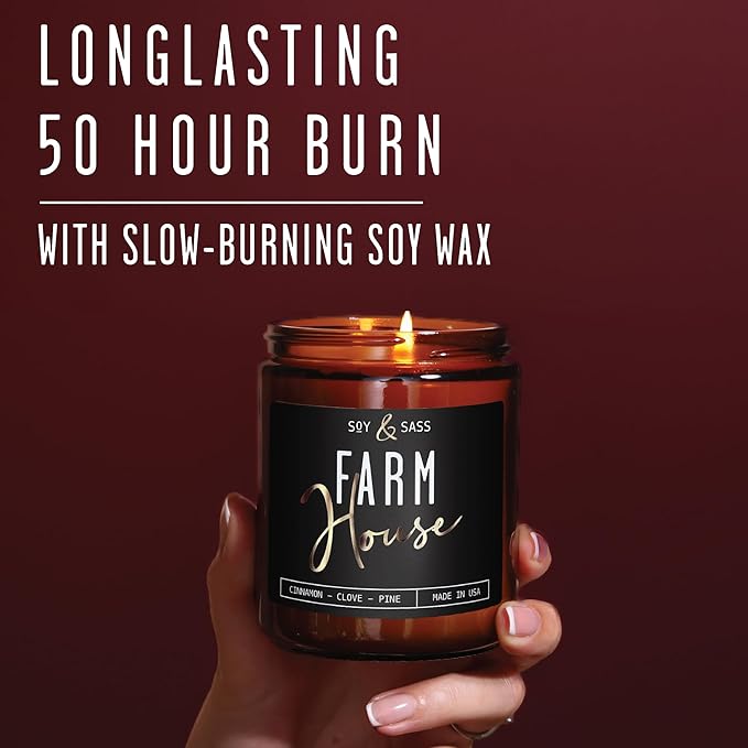 Fall Candles - 'Farmhouse' Autumn Scented Soy Candles for Home, w/Cinnamon, Clove & Pine I Infused with Essential Oils I Farmhouse Décor, 9oz Reusable Jar, 50Hr Burn, Made in USA