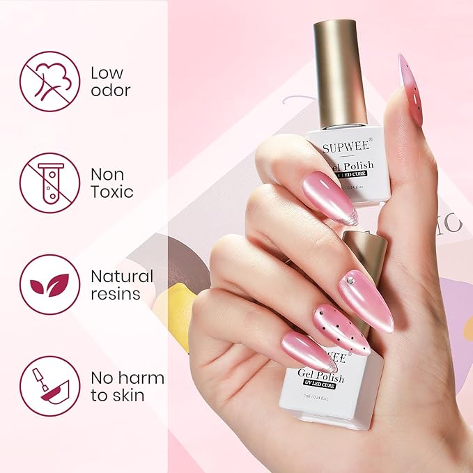 24 Colors Cat Eye Gel Nail Polish Set, Summer Magnetic Nail Gel Polish Silver Nude Pink Blue Cateye Gels for Nails Varvish Home DIY