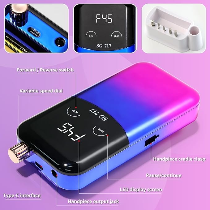 LIMEGIRL Professional Electric Nail File Drill Bits Kit 45000RPM for Acrylic Toenail Machine Clippers with 14 Drill Bit Gradient Blue Portable Rechargeable Cordless