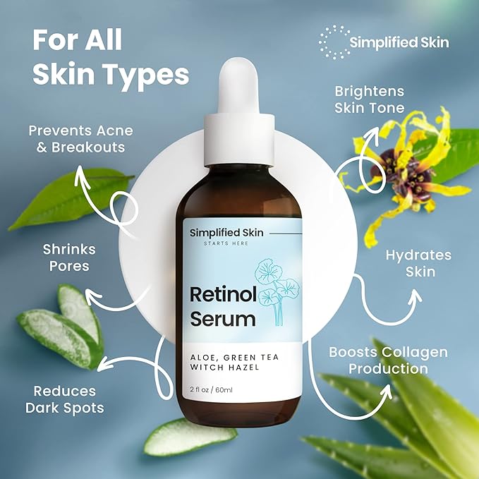 Simplified Skin Retinol Serum for Face – 2.5% Retinol with Hyaluronic Acid – for Acne Marks, Smoothing Fine Lines & Wrinkles – Day & Night Anti-Aging Serum – 2 Fl Oz