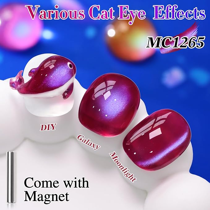Double Rhythm Jelly Glass Cat Eye Gel Polish with Magnet 15ML Holographic Glitter Shimmer Translucent Sheer Color Magnetic Nail Polish Salon DIY at Home (Burgundy Purple-MC1265)