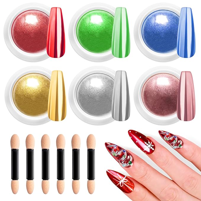 Gold Chrome Nail Powder - 6 Colors Christmas Red Green Blue Silver Nail Chrome Powder, Sparkly Holographic Chrome POwder for Nails Mirror Effect Glitter Pigment Dust - Christmas Nail Design