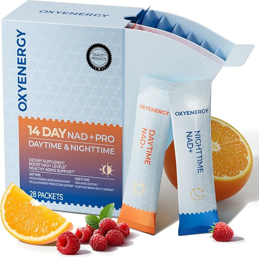 OxyEnergy NAD Supplement 1550 mg-Daytime Nicotinamide Riboside + Nighttime L-Tryptophan with Resveratrol, Glutathione, PQQ, 24-Hour Nonstop Energy, Anti-Aging & Cellular Renewal, 28 Packets