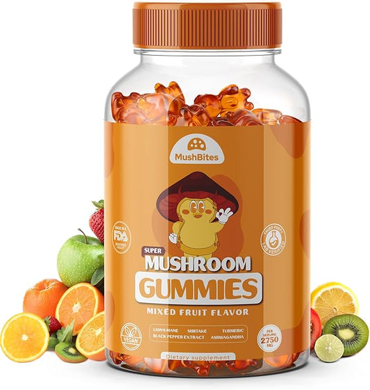 Organic Lions Mane Mushroom Gummies – Delicious Mixed Fruits Flavor Lion's Mane Gummy – 10 Mushroom Superfood Blend – Supports Focus, & Clarity, Vegan 90 Ashwagandha Gummies