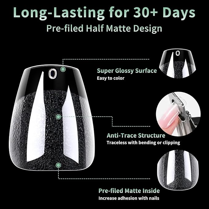 Extra Short Coffin Nail Tips, 216pcs Acrylic Ballerina Soft Fake Nails Gel Nail Tips, Full Cover Pre-Shaped Matte Clear Press on Nails for Extension, Diy at Home Manicure 12 Sizes