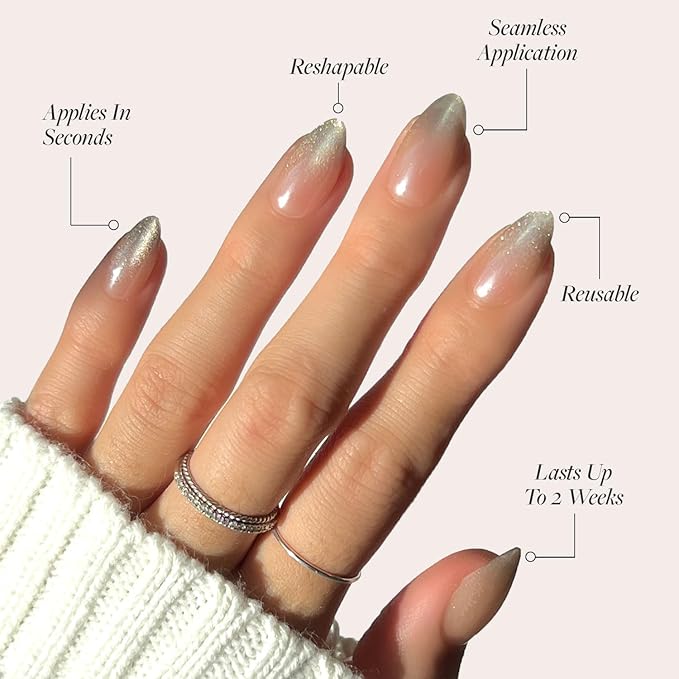 Glamnetic Press On Nails - Polar Night | Short Almond Fake Nails with Ombré Silver Tips and Glossy Velvet Finish, Salon Quality | 15 Sizes - 30 Nail Kit with Glue