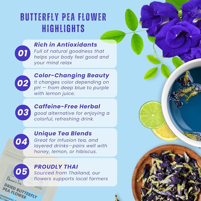 KHWAN'S TEA Dried Butterfly Pea Flowers Blue Tea Clitoria Ternatea Flower Herbal Tea, Caffeine Free, Vegan Plant Based, 3.53 oz (100g)