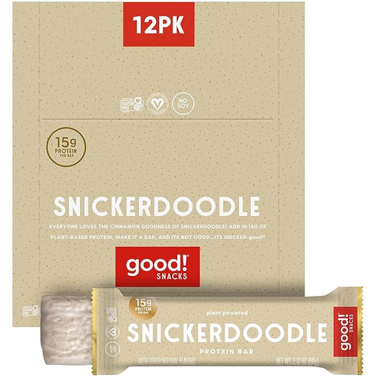 good! Snacks Snickerdoodle Vegan Protein Bar, Soy & Gluten Free, Plant Based, Low Sugar, 15g Clean Protein, Natural Healthy Superfood Snack, Kosher Friendly, For Athletes & Active Lifestyles, 12 Bars