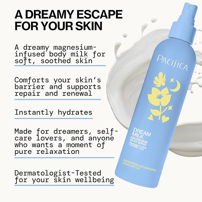 Pacifica Dream Milk Magnesium Spray for Sleep & Relaxation - Natural Magnesium Body Mist Infused with Lavender, Chamomile & Essential Oils, Vegan & Cruelty-Free, Clean Beauty, 4 fl oz