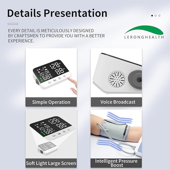 Digital Upper Arm Blood Pressure Monitor for Home Use, Rechargeable, Large LED Display, Systolic Diastolic Pulse Reading, Voice Broadcast, 240 Memory Storage for 2 Users，FDA Cleared