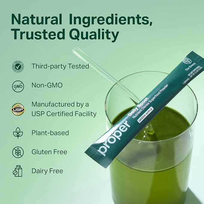 Proper, The Greens Daily Boost Organic Greens Powder. Whole Food, Apple Flavor Veggie Powder Superfood with Wheatgrass, Spirulina, Chlorella, Probiotics. Daily Drink Mix for Wellness and Digestion