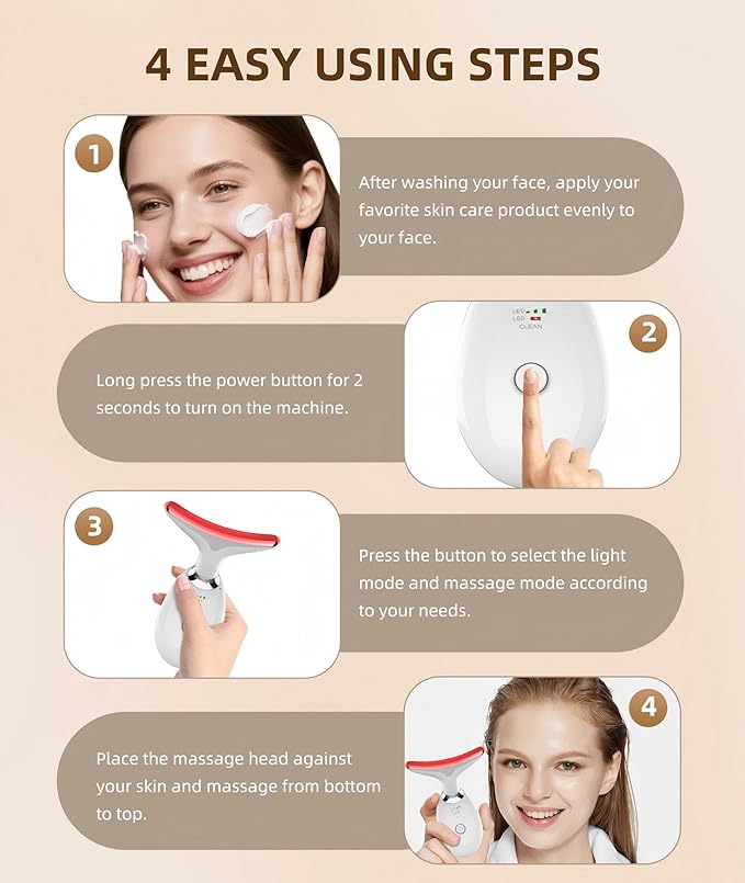 7 Color Face and Neck Massager Light Therapy, Red Light Based Facial Massager for Skin Care, Firming, Smoothing (White)