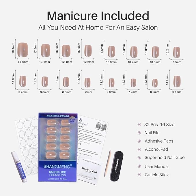 Cat Eye Nude Press on Nails Square - Soft Gel Press on Nails Short for Women Gift, Fit Perfectly & Natural Stick on Nails with Glue in 16 Sizes - 32 Reusable Fake Nails, Light Nude