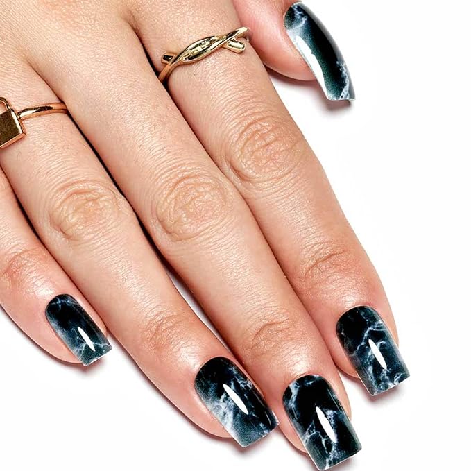 GLAMERMAID Ombre Press on Nails Medium Square, White Marbling in Black Jelly Gel Nails Square Fake Nails, Glossy Stick Glue on Nails Kit for Women, Reusable Stick on Acrylic Fake Nails Manicure Set