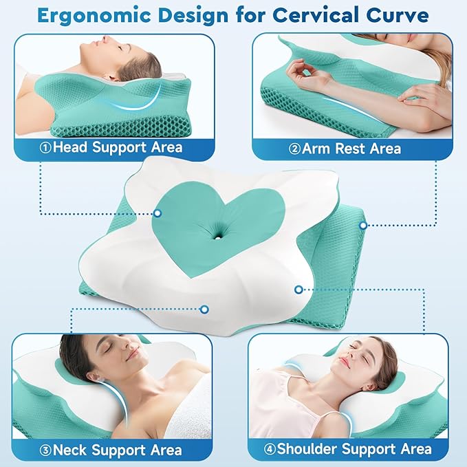 Cervical Neck Pillow, Memory Foam Neck Support Pillows for Sleeping, Shoulder Pillow for Side Sleepers, Back Stomach Sleepers, CertiPUR-US Certified, Standard Size, Green