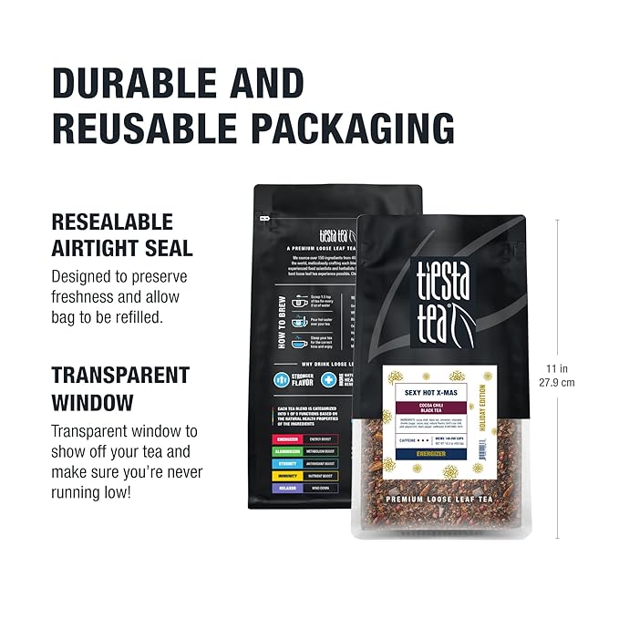 Tiesta Tea - Sexy Hot Christmas, Loose Leaf, Cocoa Chili Black Tea, Premium Blend, High Caffeinated Spicy Black, Make Hot or Iced Tea & Brews Up to 200 Cups, 16oz Resealable Bulk Pouch