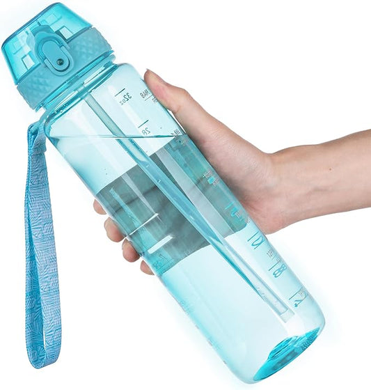 GOPPUS Clear Water Bottle With Straw 32oz Clear Sports Water Bottles Motivational with Time Marker Tritan BPA Free Plastic Clea Water Bottle Wide Mouth for Gym Travel Home School Office