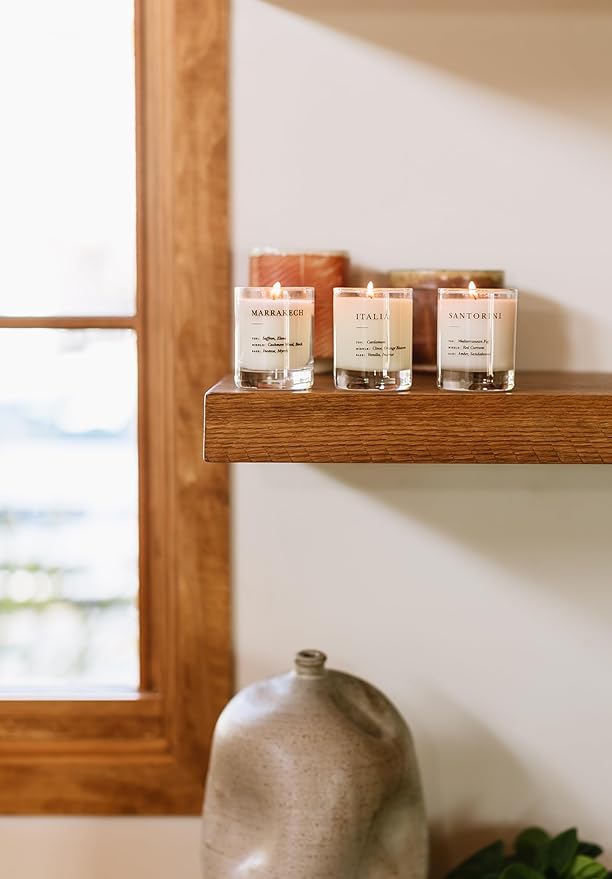 Brooklyn Candle Studio Mini Candle Gift Set – Set of 3 Hand-Poured 3 oz Soy Votive Candles (Earthy + Warm Santorini/Italia/Marrakech) –Clean 20 Hr Each, Lead-Free Wicks, Luxury Textured Gift Box