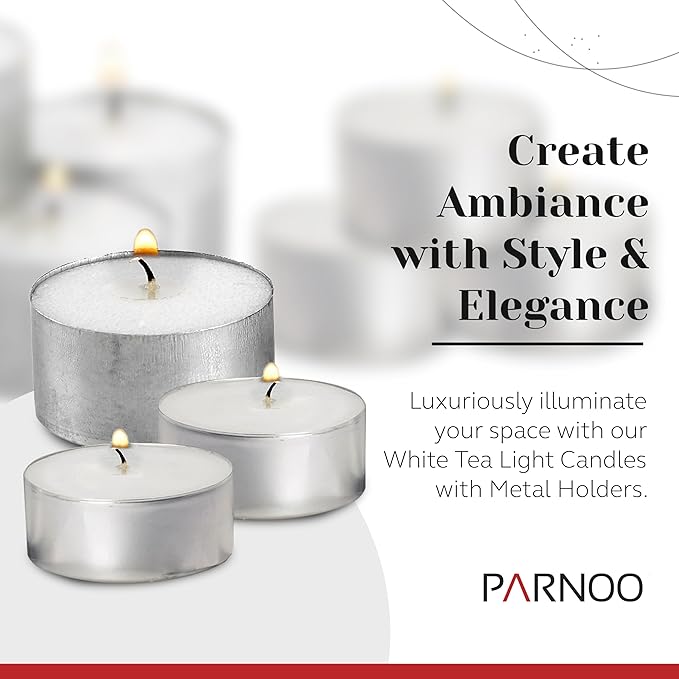 Tea Light Candles in Metal Cups - 4.5 Hours Clean, Long Burning White Unscented - 250 Votive Candles Bulk for Romantic Dinner, Wedding, Spa & Hotels by PARNOO
