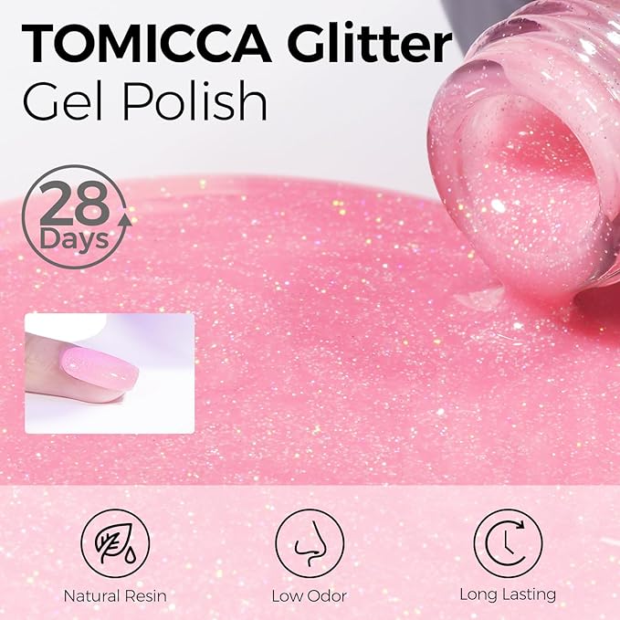 TOMICCA Nude Pink Glitter Gel Nail Polish, Soak Off UV Transparent Shimmer Clear Pink Nail Polish Gel Natural Color Nail Art DIY Manicure Salon