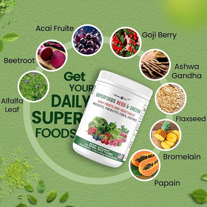 Superfood Reds & Greens Powder - 11.64 oz (Pack of 12), Prebiotics & Probiotics for Digestive Health, Super Greens Powder with Ashwagandha, Antioxidants, Vegan, Non-GMO
