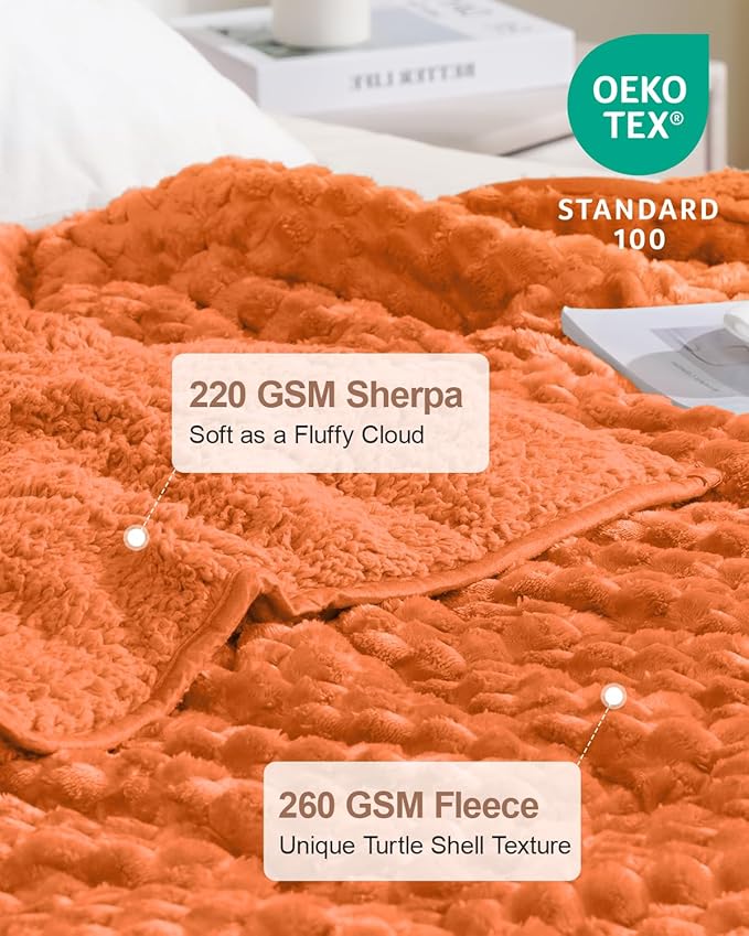 Super Fuzzy Soft Luxury Fleece Sherpa Weighted Blanket 15 lbs for Adults, Turtle Shell Cozy Queen Size Weighted Throw, Ceramic Beads Washable Heavy Blankets for Couch Bed, Orange, 60" x 80"
