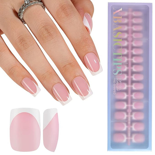 Misssix XBASICTIPS French Tip Press On Nails, 150Pcs French Gel Nail Tips Short Square, Soft Gel Pre-shaped No Need to File 3 in 1 Tips, Fake Nails for Nail Art DIY Extension Designs 15 Sizes