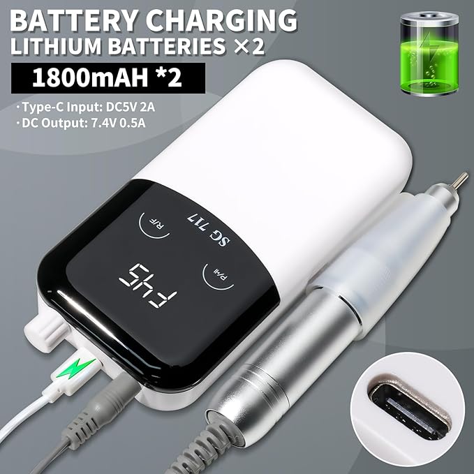 LIMEGIRL Professional Electric Nail File Drill Bits Kit 45000RPM for Acrylic Toenail Machine Clippers with 14 Drill Bit White Portable Rechargeable Cordless