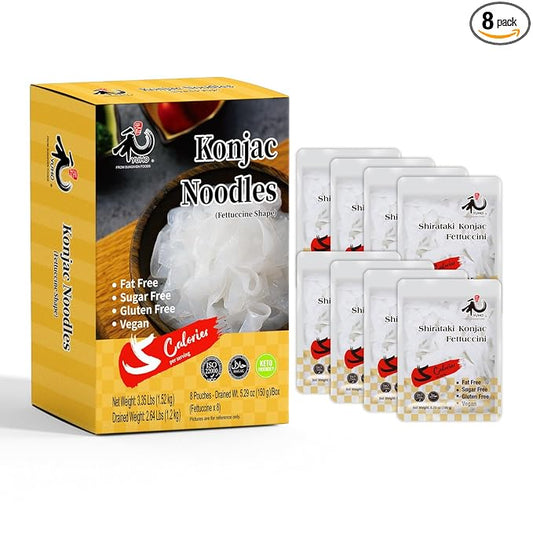 YUHO Shirataki Konjac Noodles Fettuccine Keto Pasta Gluten Free Low Carbs Vegan Fat Free Plant Based Noodle for Quick Dinner Meals, 8 Pack Inside, 53.61 Oz