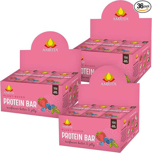 Amrita Nut Free Sunflower Butter & Jelly Vegan Protein Bars ( 12 CT PK of 3 ) | 11g Plant-Based Protein Bar | Peanut Free, Gluten Free, and Dairy Free | Low Sugar, High Fiber, Healthy School-Safe Snacks