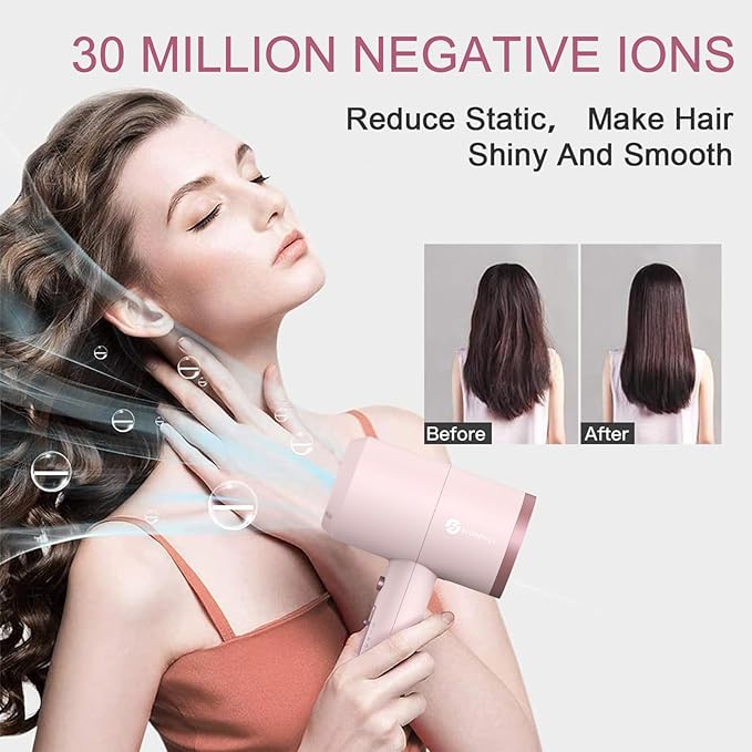 slopehill Professional Ionic Hair Dryer, Powerful 1800W Fast Drying Low Noise Blow Dryer with 2 Concentrator Nozzle 1 Diffuser Attachments for Home Salon Travel (Pottery Pink and Rose Gold)