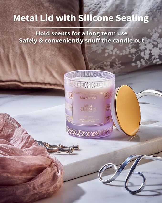 M&SENSE Lilac Blossom Soy Candles for Home Scented, 7.4oz 45 Hour Long Burning Aromatherapy Candle for Stress Relief Meditation Yoga Relaxing SPA, Christmas Thanksgiving Halloween Gifts for Her
