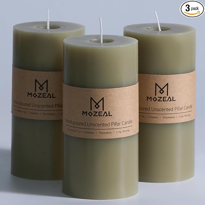 MOZEAL 3" x 6" Hand-Poured Unscented Candle, Dripless Pillar Candle Set of 3, Long Lasting Burning, Approx 120 Hours Burn Time, Rustic Country Style, for Easter Dinner, Spring Decor, Sage