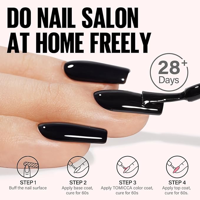 TOMICCA Black Gel Nail Polish, 15ml Black Nail Polish Fast Dry Soak Off UV LED Cure Needed Pure Color Long Lasting Nail Art Manicure Salon DIY Design