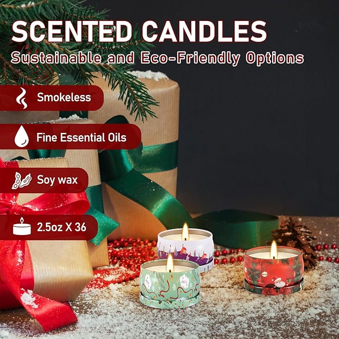36 Packs Christmas Scented Candles, 2.5oz Smokeless Clean Burning Soy Wax Candles for Home Decor, Festive Gifts & Holiday Ambiance