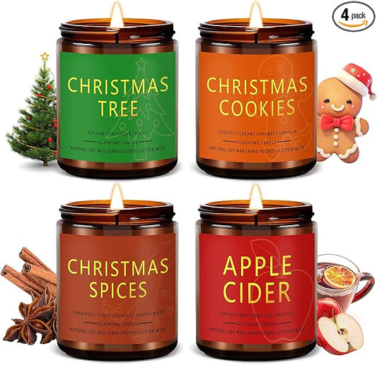 Christmas Candle Set | 4 Pack Scented Candles for Home | Holiday Gifts for Women & Men | Soy Candles with Scents of Christmas Tree, Cookies, Spices & Apple Cider