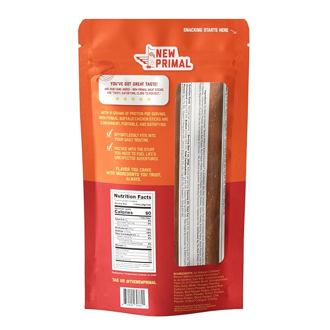 New Primal Buffalo Chicken Sticks, Keto, Gluten Free Healthy Snacks, Sugar Free Low Carb High Protein, Jerky Meat Stick, 9g Protein, 5 Pack