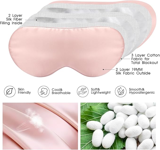 Mulberry Silk Blackout Adjustable Sleep Eye Mask for Men/Women Travel Plane,Blush Pink